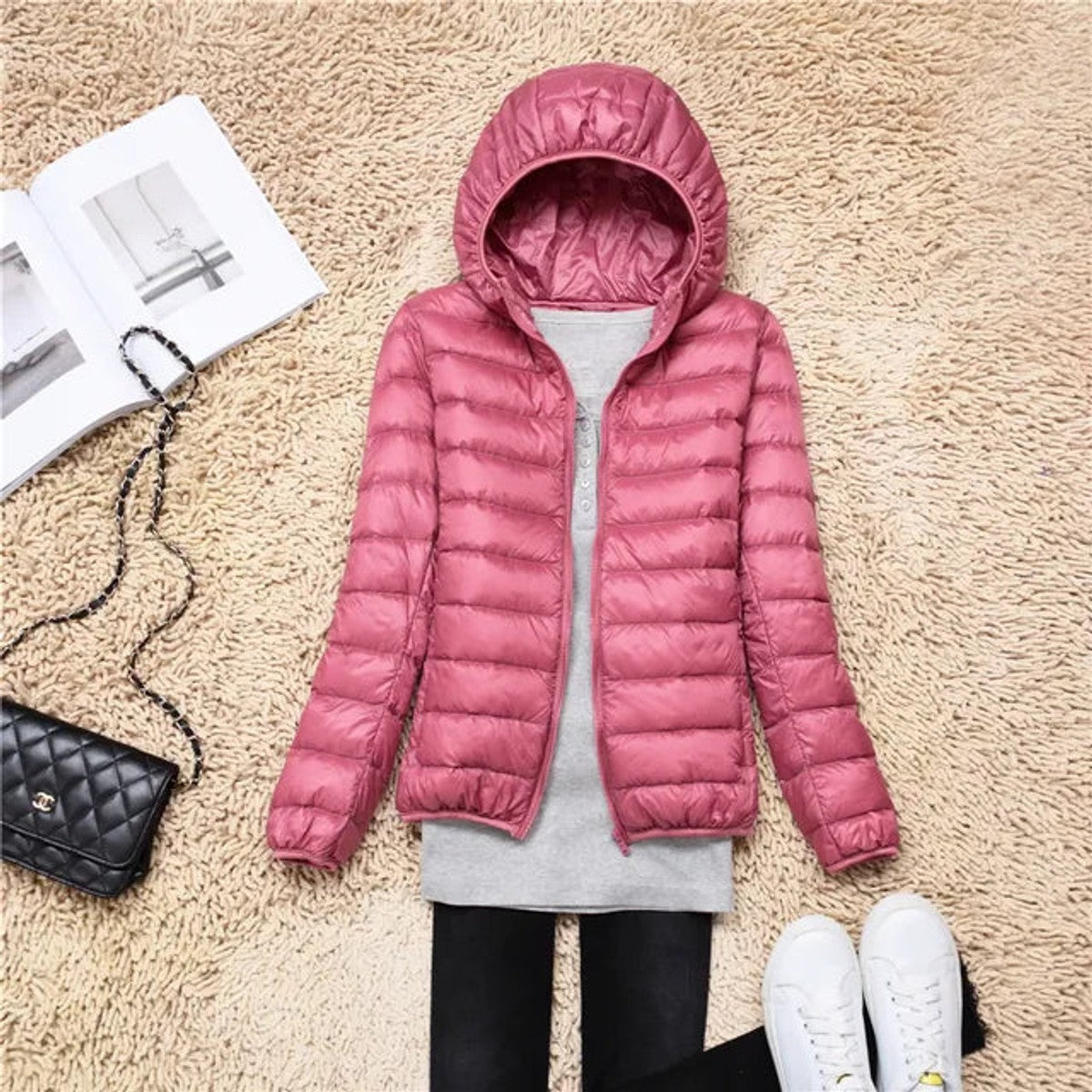 women's packable hooded puffer coat in leather pink