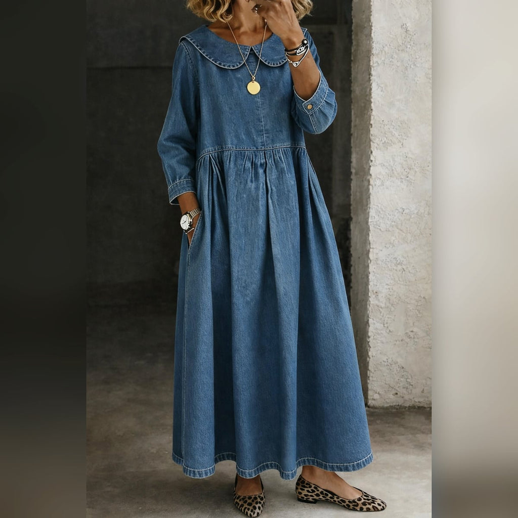 women's peter pan collar denim dress in blue