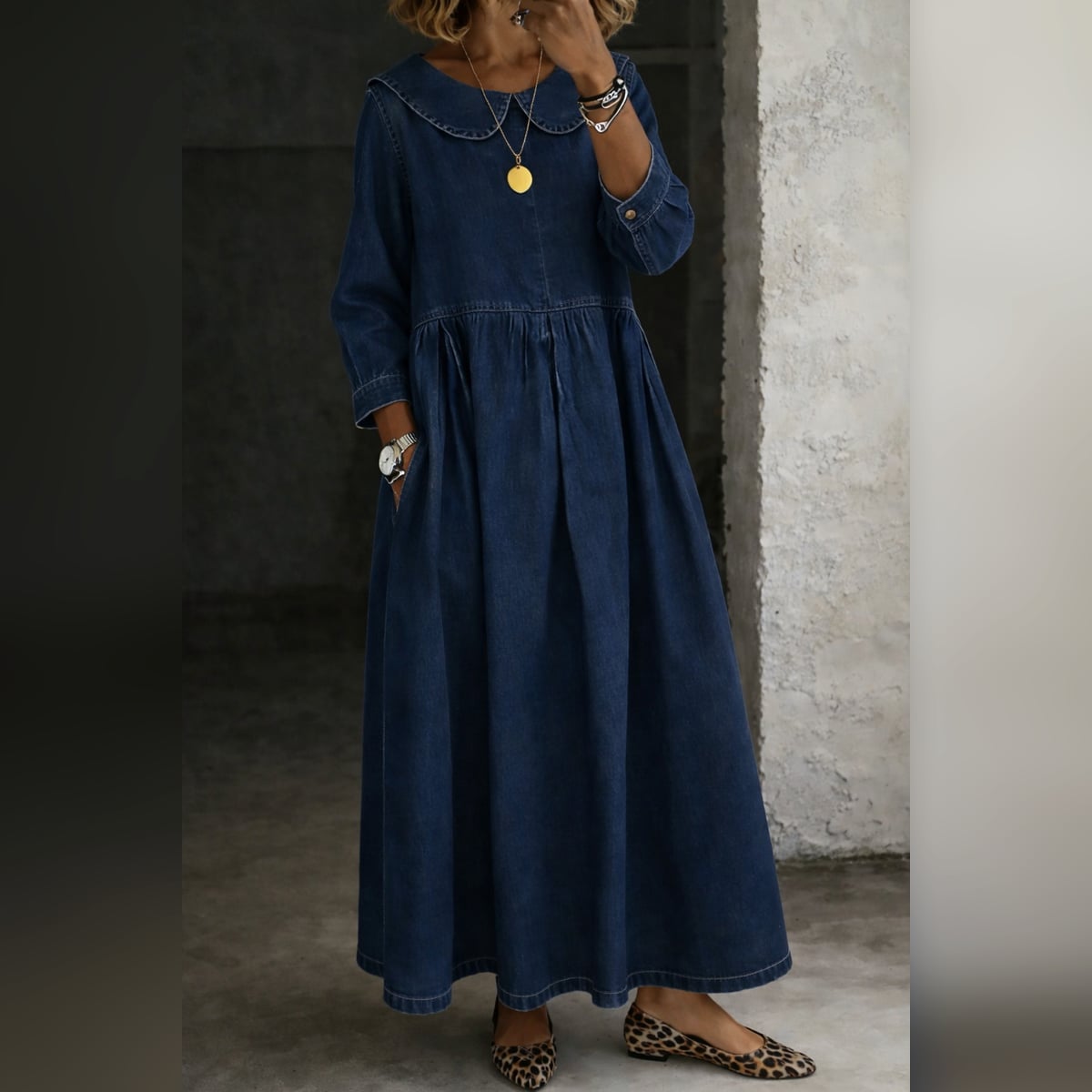 women's peter pan collar denim dress in navy