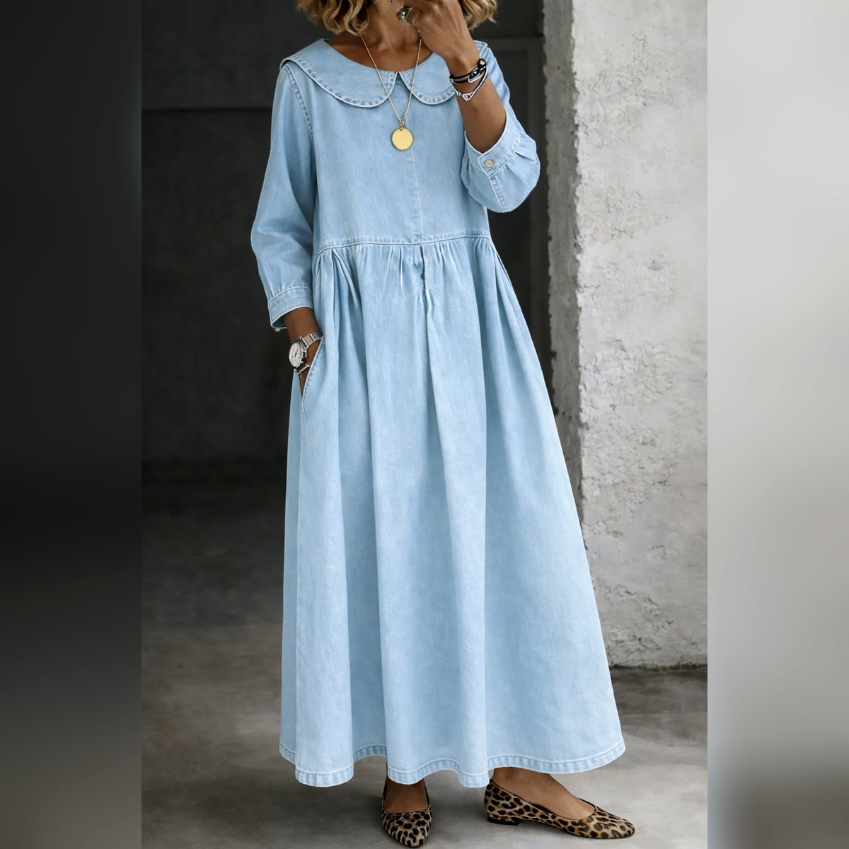 women's peter pan collar denim dress in light blue