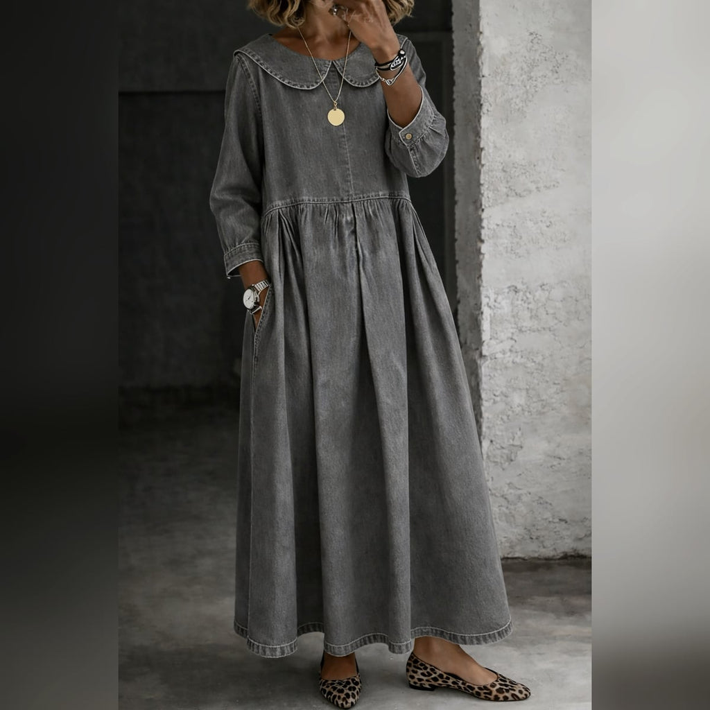 women's peter pan collar denim dress in gray