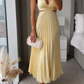 women's pleated midi dress in yellow