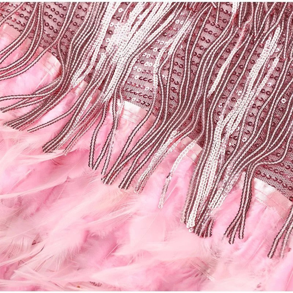 women's sequin cocktail dress with feather hem in pink