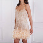 women's sequin cocktail dress with feather hem in rose gold