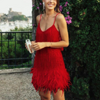women's sequin cocktail dress with feather hem in red