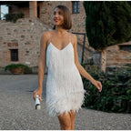 women's sequin cocktail dress with feather hem in white