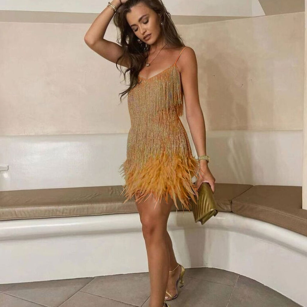 women's sequin cocktail dress with feather hem