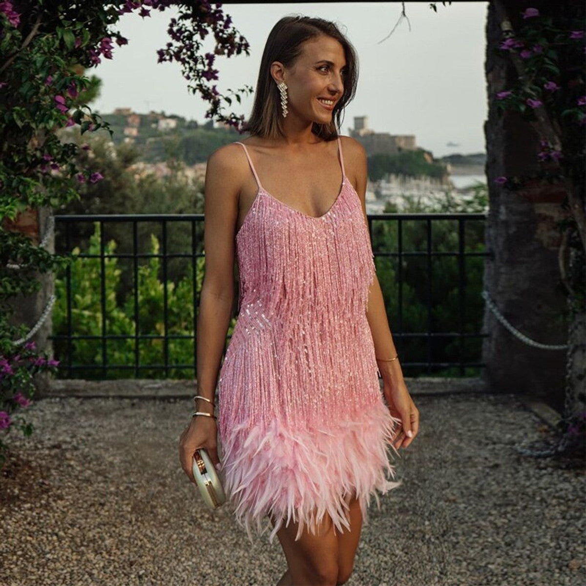 women's sequin cocktail dress with feather hem in pink