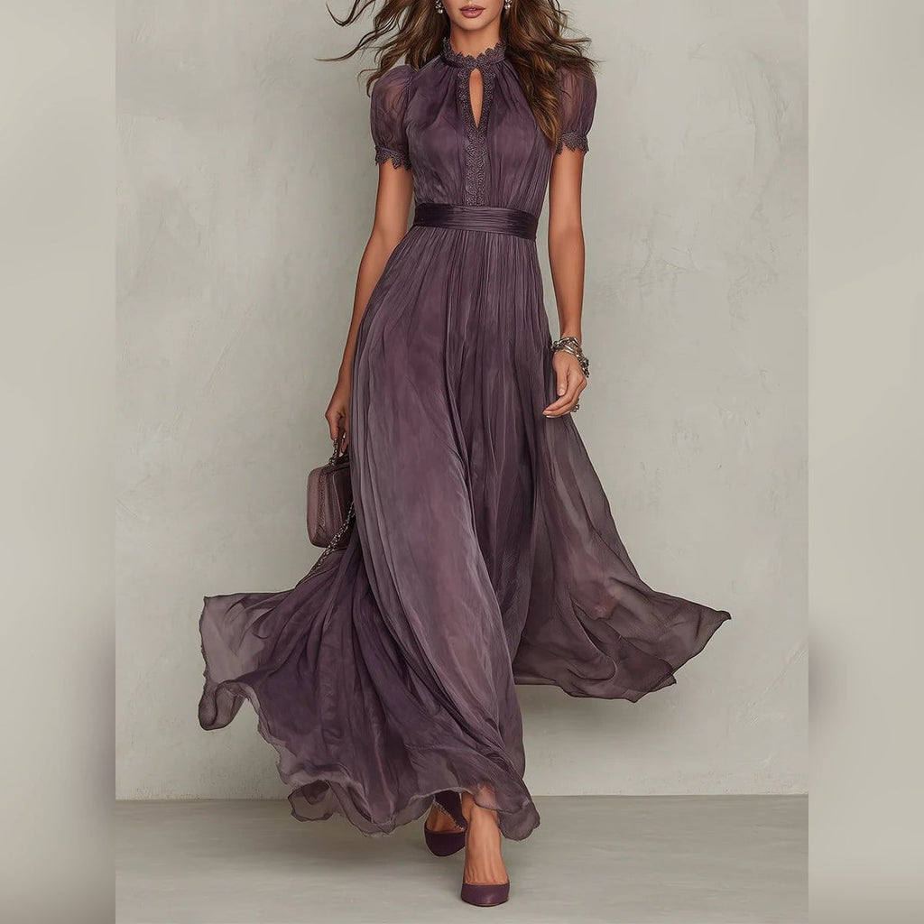 women's short sleeve lace trim maxi dress in purple