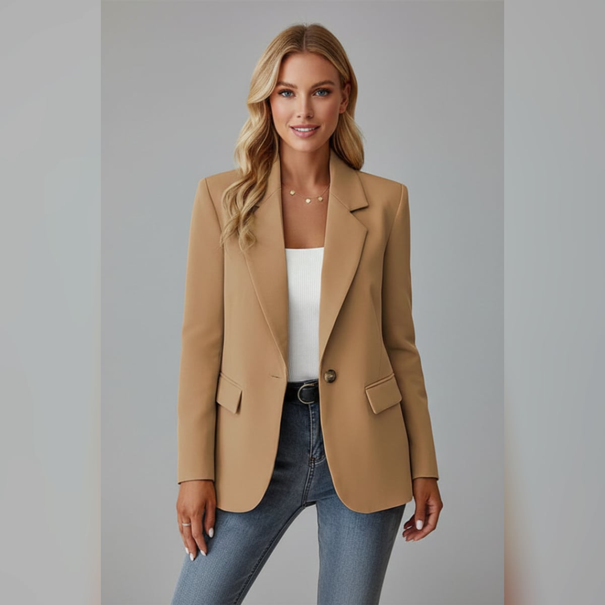 women's single button notch lapel blazer in camel