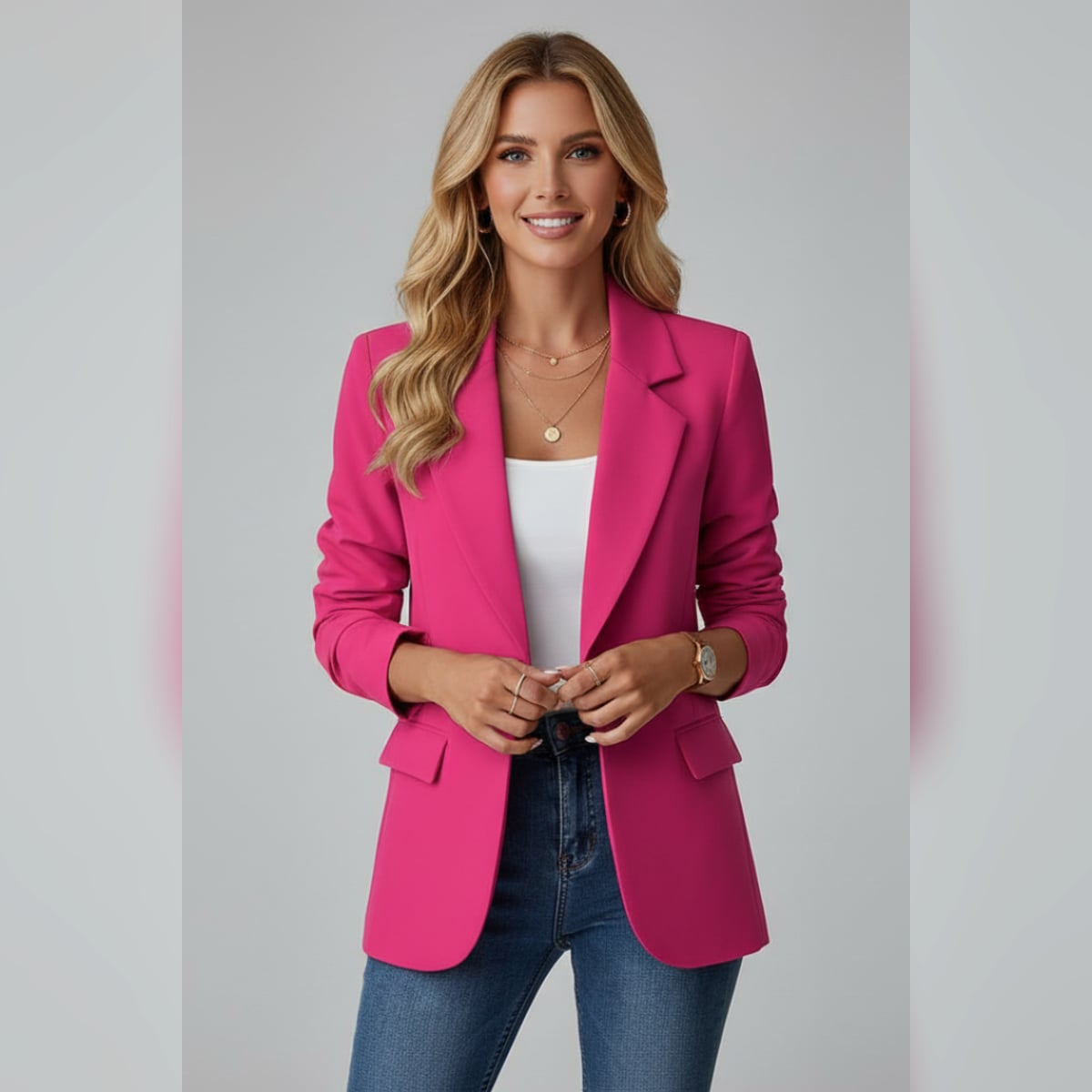 women's single button notch lapel blazer in pink