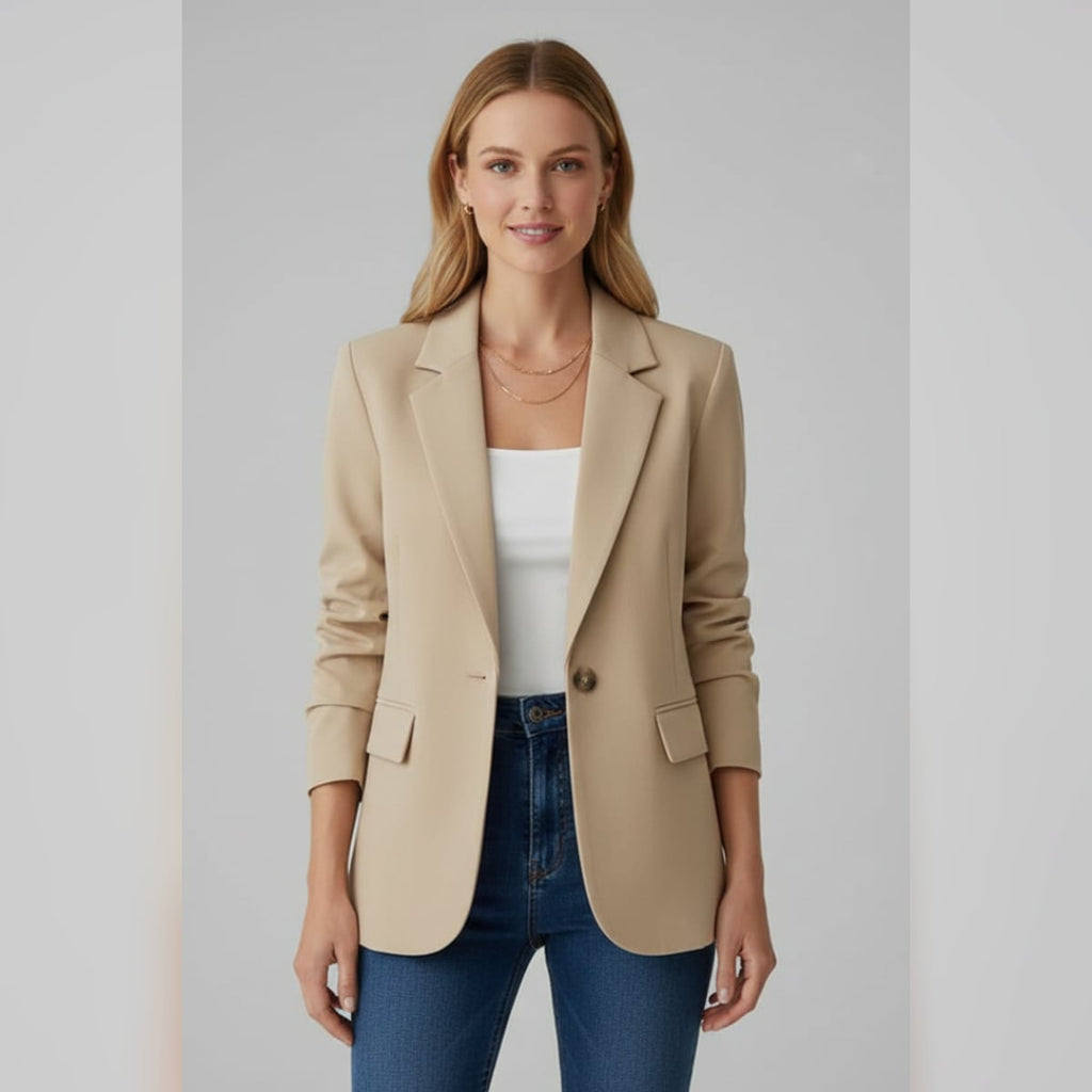 women's single button notch lapel blazer in beige