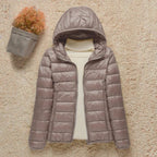 women's slim fit hooded quilted puffer jacket in taupe