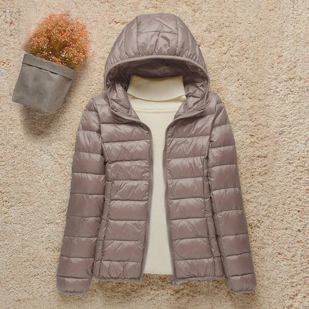 women's slim fit hooded quilted puffer jacket in taupe