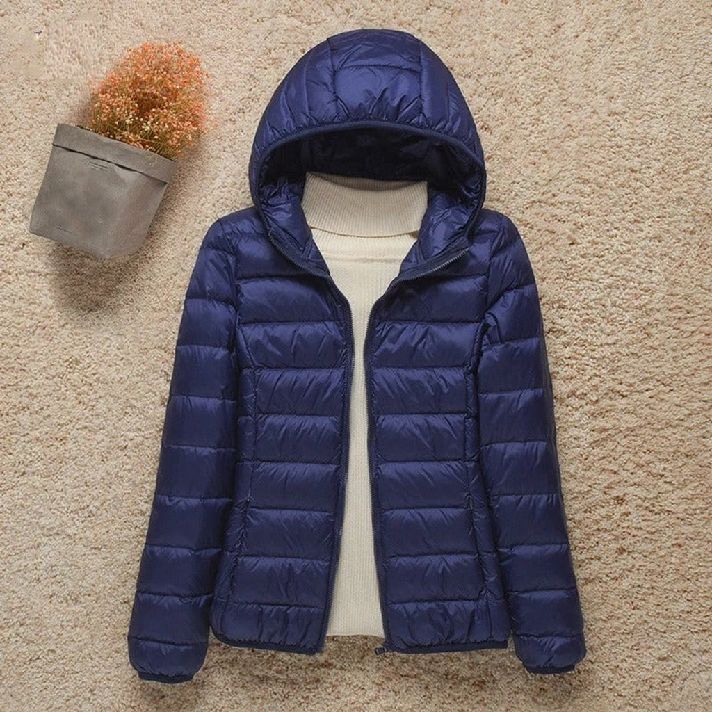 women's slim fit hooded quilted puffer jacket in navy blue