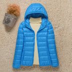 women's slim fit hooded quilted puffer jacket in light blue