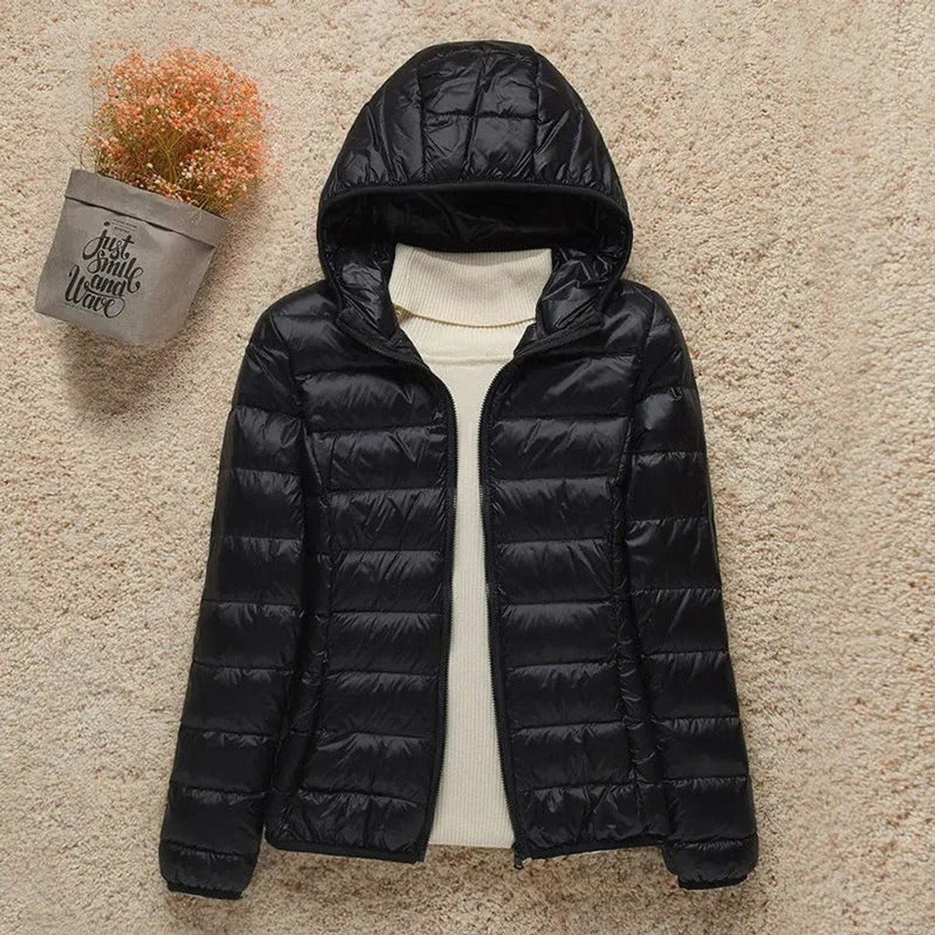 women's slim fit hooded quilted puffer jacket in black