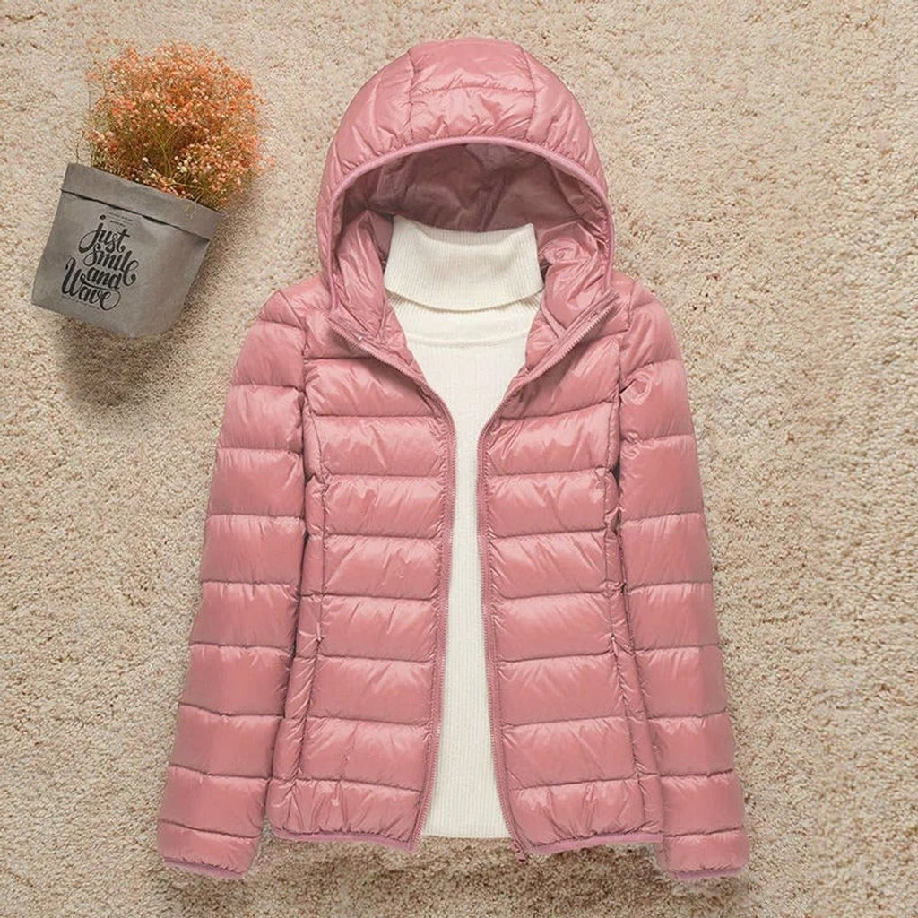 women's slim fit hooded quilted puffer jacket in pink