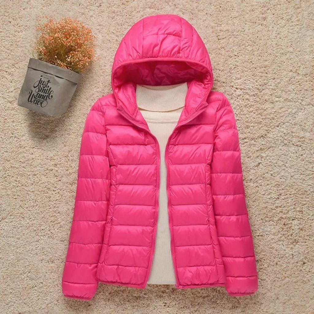 women's slim fit hooded quilted puffer jacket in fuchsia