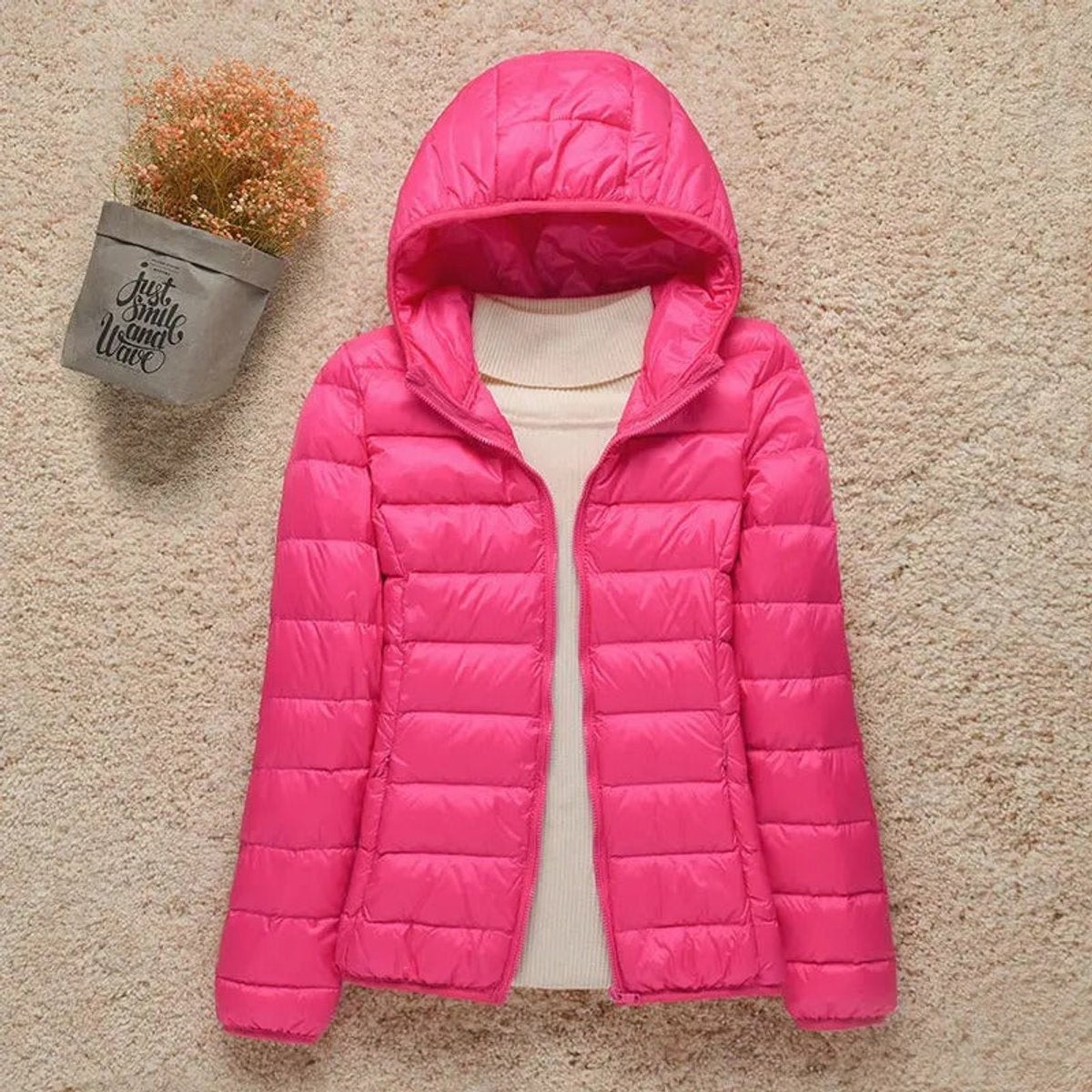 women's slim fit hooded quilted puffer jacket in fuchsia