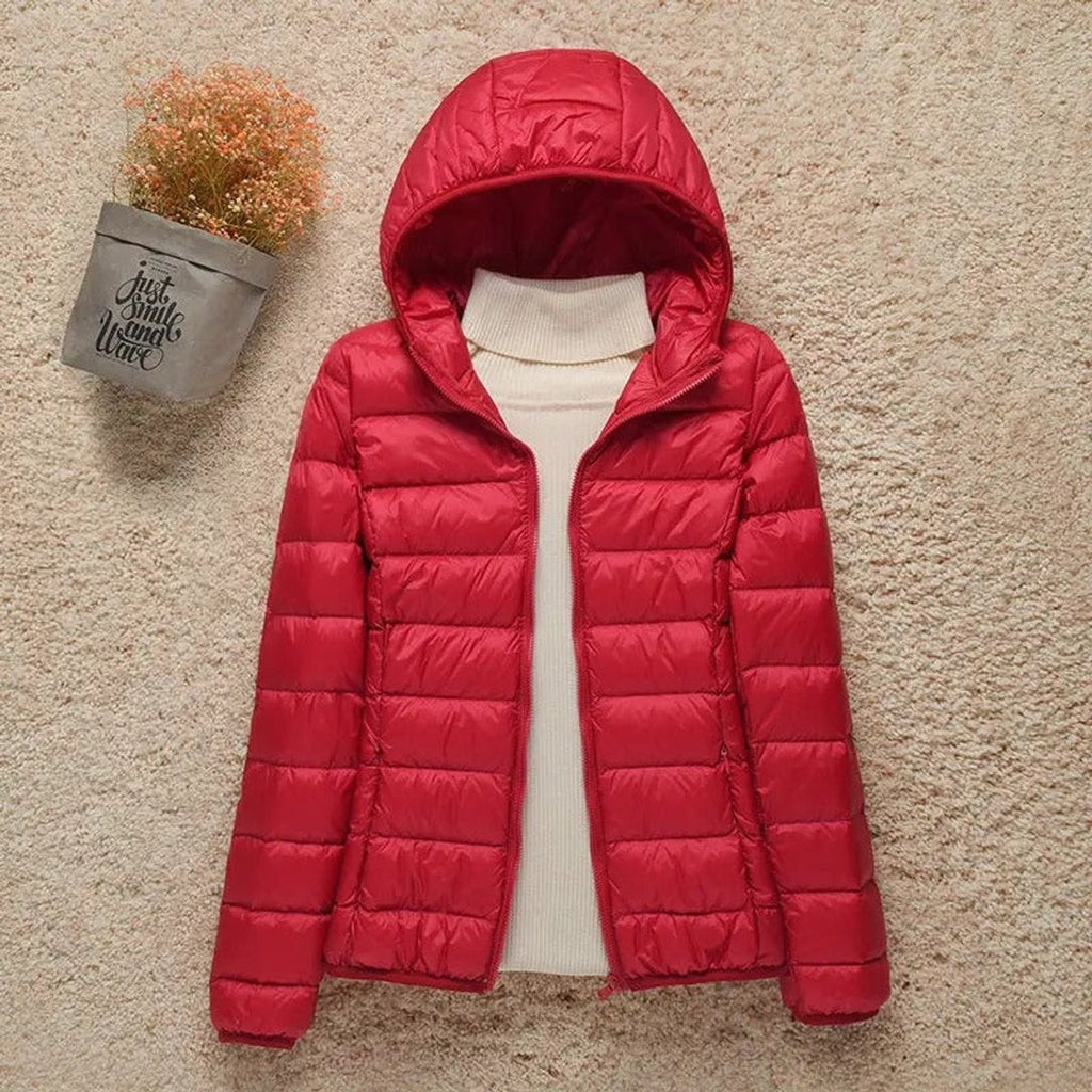 women's slim fit hooded quilted puffer jacket in red
