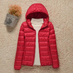 women's slim fit hooded quilted puffer jacket in red