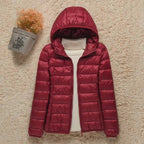 women's slim fit hooded quilted puffer jacket in bordeaux