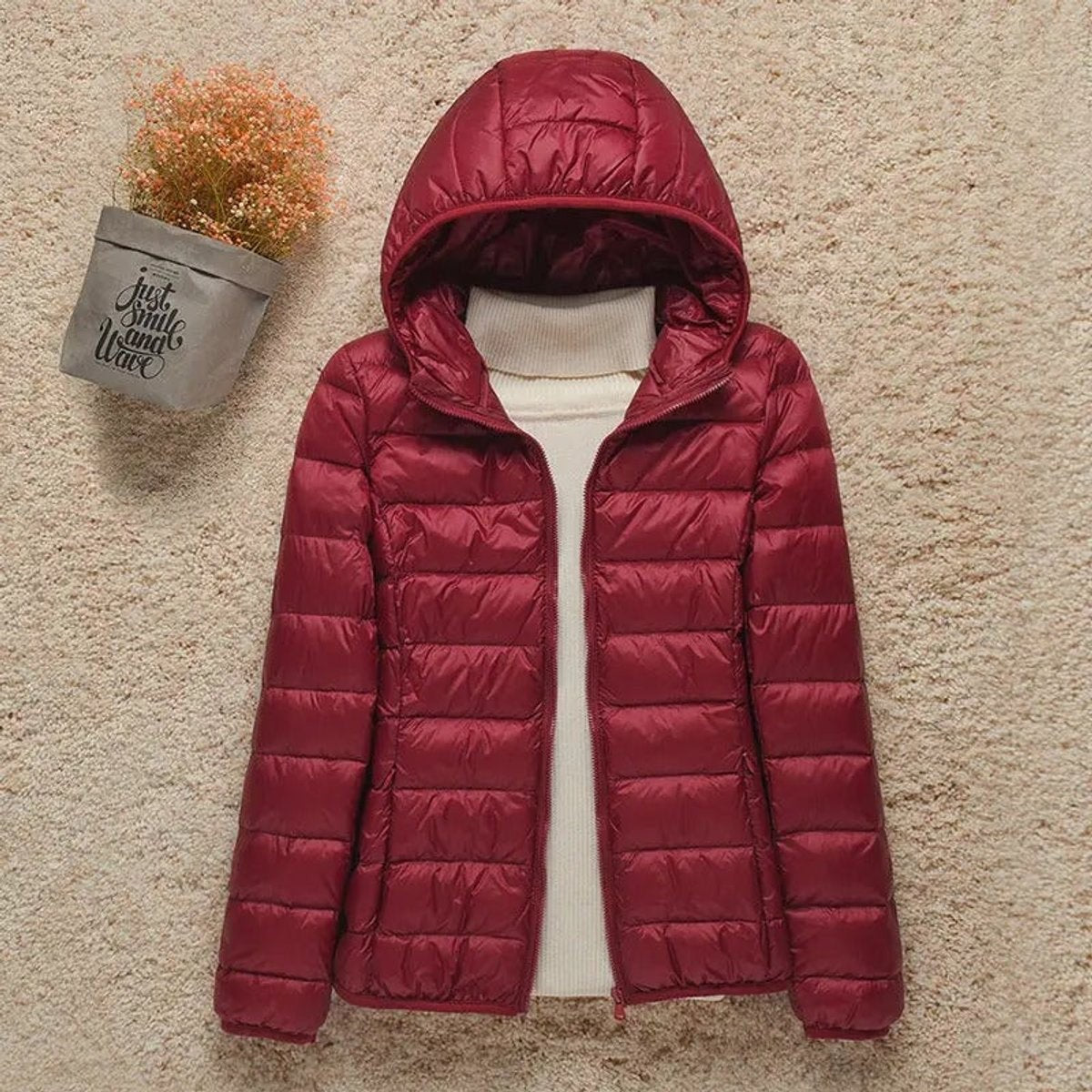 women's slim fit hooded quilted puffer jacket in bordeaux