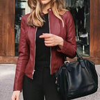 women's smooth faux leather jacket in burgundy