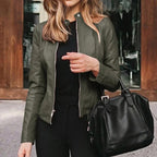 women's smooth faux leather jacket in army green