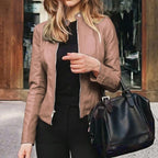 women's smooth faux leather jacket in khaki