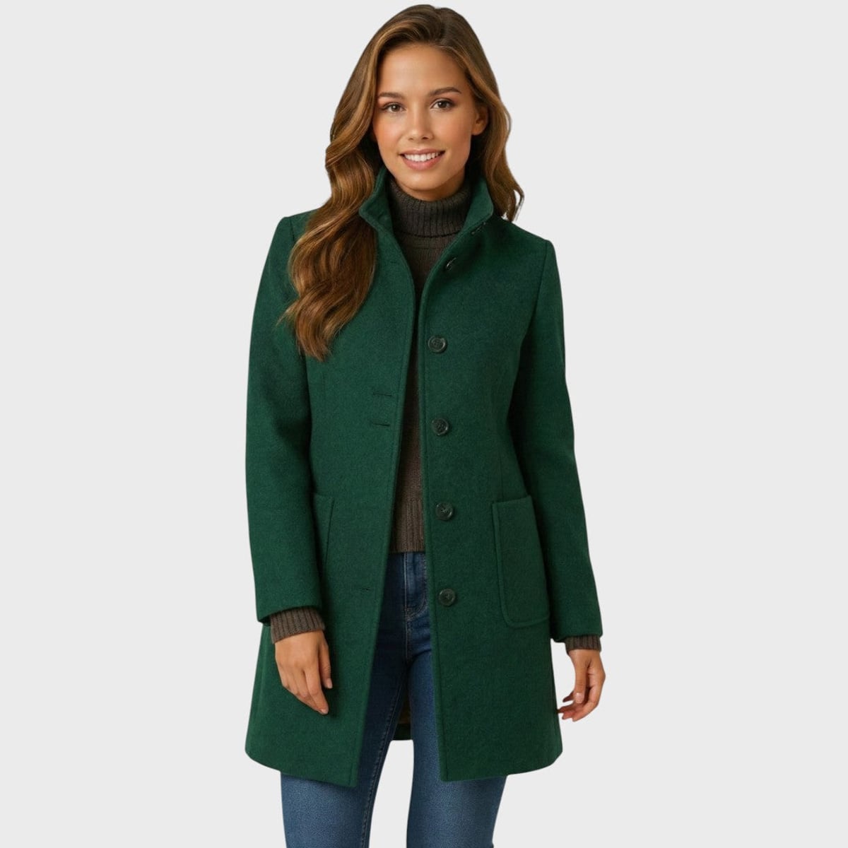 women's structured long coat in dark green