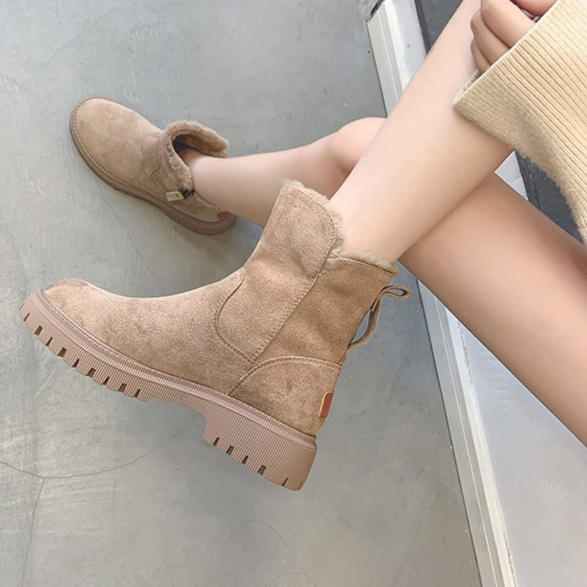 women's warm fur-lined winter boots in apricot